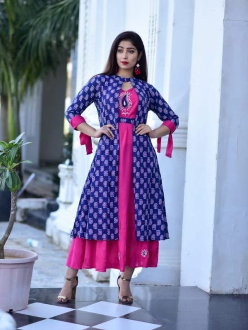 Fabric Reyon Gota work on kurti with print jacket Women Indian Ethnic Kurta Kurti Flared Anarkali Kurta Blue Partywear Gown Dress