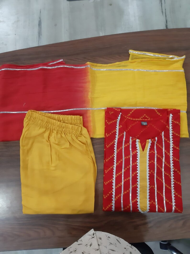 kurti with pant /& dupptta Bollywood Designer Rayon Gota Work Kurti Pant With Dupatta Set Special For Women and Girls||Kurti Dupatta Set||