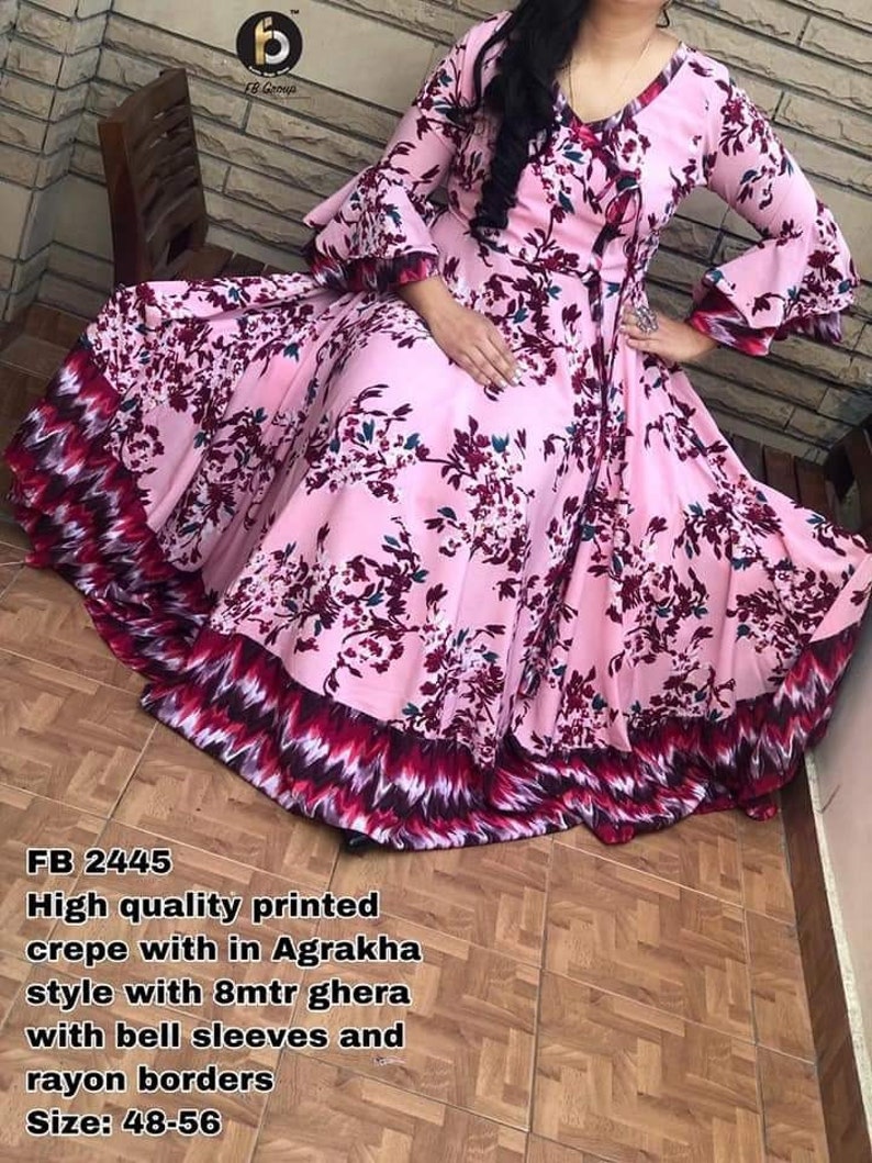 Beautiful Heavy Rayon Fabric Printed Crepe In Agrakha Style Long Gown Flared Kurti With Tussles And Attached Belt*