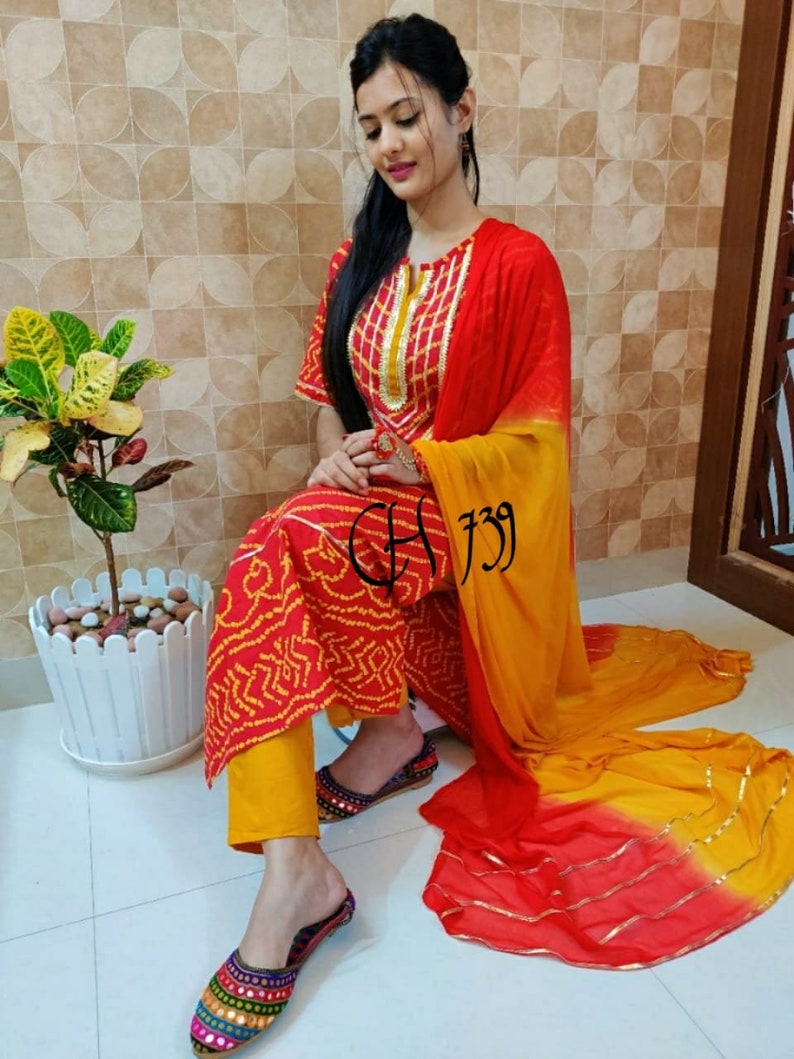 kurti with pant /& dupptta Bollywood Designer Rayon Gota Work Kurti Pant With Dupatta Set Special For Women and Girls||Kurti Dupatta Set||