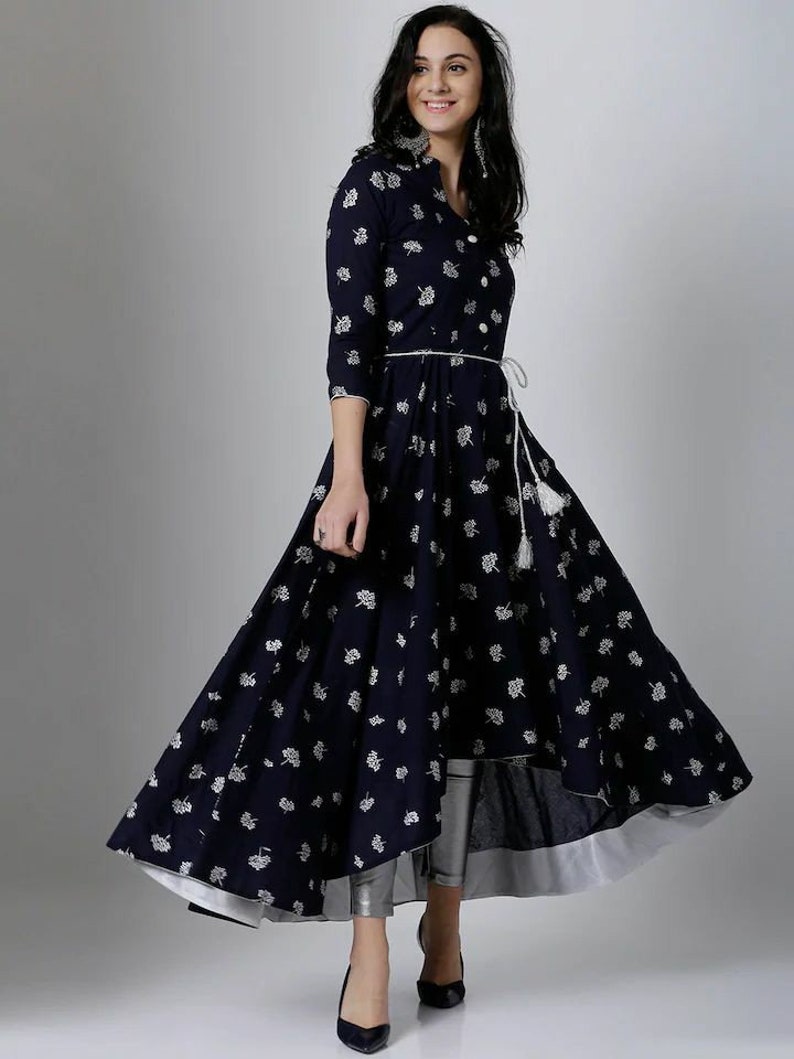 ankle lenth kurti* *with exclusive silver print with silver dori fabric rayon slub Hand Crafted Traditional kurti Gown dress