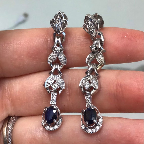 Antique Genuine Sapphire Diamond long dangle 14kt 