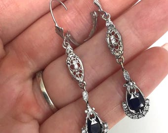 Vintage deco earrings 14kt Antique dangle earrings GenuineSapphire and Diamond filigree 14kt solid white gold Leverbacks