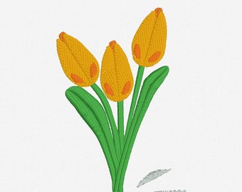 Yellow Tulip Flower Embroidery Design, Floral machine embroidery, Tulip Flower, Kitchen Towels, Pillow, Home Decor, Spring Accessories