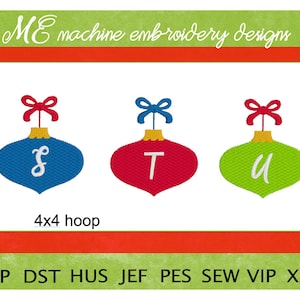 May include: Three Christmas ornament embroidery designs featuring the letters S, T, and U. Each ornament is a different color: blue, red, and green. The designs are for a 4x4 hoop and are available in the following formats: EXP, DST, HUS, JEF, PES, SEW, VIP, and XXX.