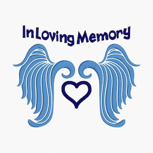 Könnte beinhalten: Blaue Engelsflügel mit einem Herz in der Mitte und dem Text "In Loving Memory" in Marineblau.