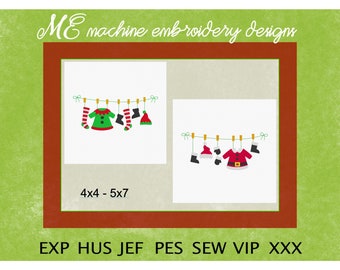 Santa Clause and Elf Clothesline Embroidery Design, Christmas design, machine embroidery, Festive designs, Pillow Design, Children