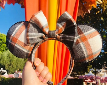 Orange Pumpkin Spice Plaid Fall Flannel Minnie Ears