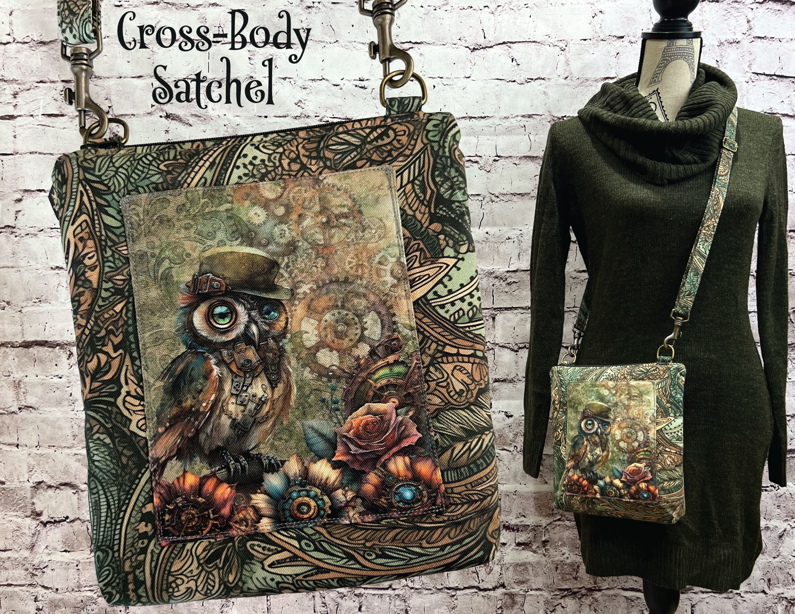 Steampunk Owl and Mushroom House Cross-body Satchel
