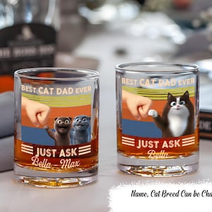 Best Cat Dad Cute Cartoon Cats Personalized Whiskey Glass, Father's Day Gift for Cat Dads, Cat Owner Gift for Husband, Cat Dad Glass