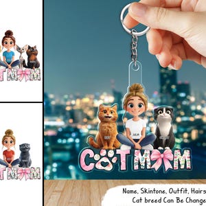 Cartoon Cat Mom Sitting - Personalized Acrylic Keychain, Gift For Cat Moms, Cat mom keyring, Cat mom keychain, Cat lovers, Cat mom gifts