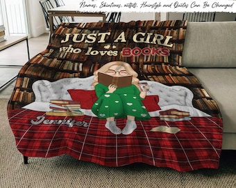 Just A Girl Who Loves Books Bed Sitting - Cadeau pour les amateurs de lecture de livres - Couverture polaire personnalisée personnalisée, cadeaux d’anniversaire pour les rats de bibliothèque