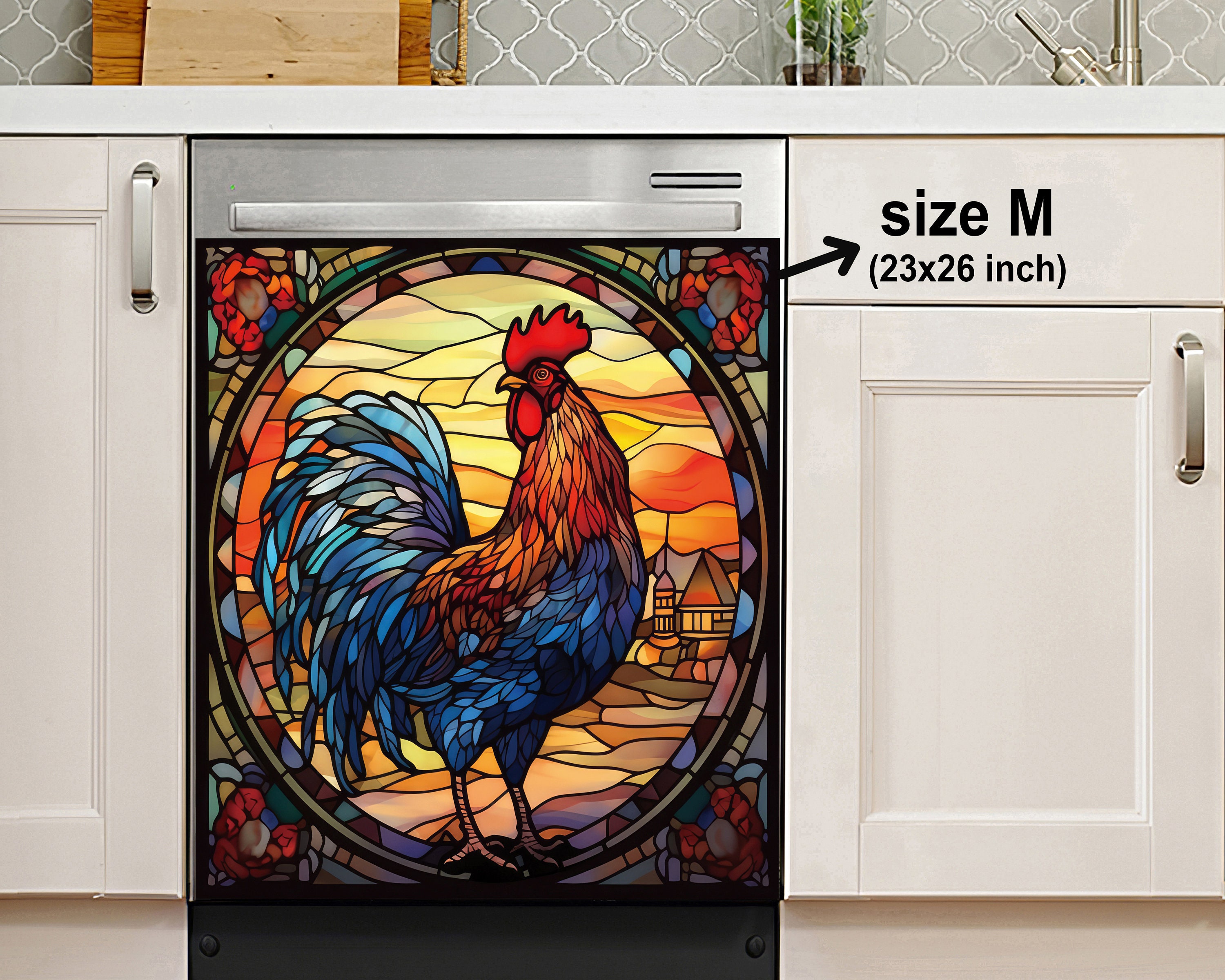 The Country Rooster Standing On A Stained Glass Background With Sunrise Dish Washer Cover