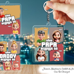 Dieser Papa gehört - personalisierter Acryl-Schlüsselanhänger - Vatertag, Geschenk für Papa, Opa, benutzerdefinierter Papa-Schlüsselanhänger, benutzerdefinierter Cartoon für Vater