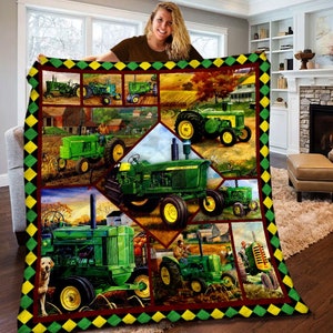 Green Tractor Fleece Blanket, Quilts, Tractor Lover, Christmas Gift, Gift for Men, Best Idea Gift For Farmer, Farmer Quilt, Anniversary Gift