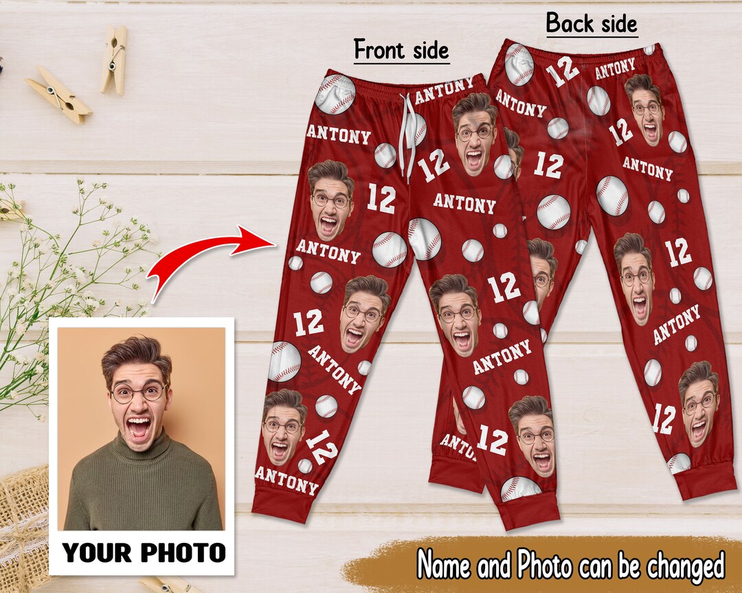Custom Face Photo and Name Baseball Pajamas Pants, Personalized