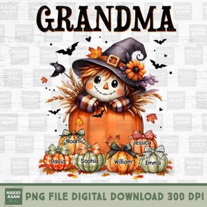 Grandma&#39;s Little Pumpkins, Scarecrow Grandma With Pumpkin Kid Names Personalized PNG, Scarecrow Straw, Custom Name Png, Pumpkin Season Png