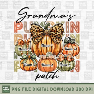 Grandma&#39;s Pumpkin Patch Retro Style Personalized PNG, Custom Mimi Pumpkin Patch Png, Custom Name Png, Halloween PNG, Pumpkin Leopard Bow