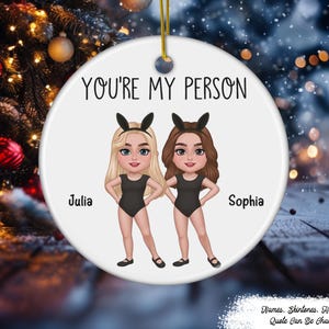 Besties Sisters With Bunny Ears Personalized Circle Ceramic Ornament, Funny Gift for Besties, Friends, Best Friend Ornament, Christmas Gift