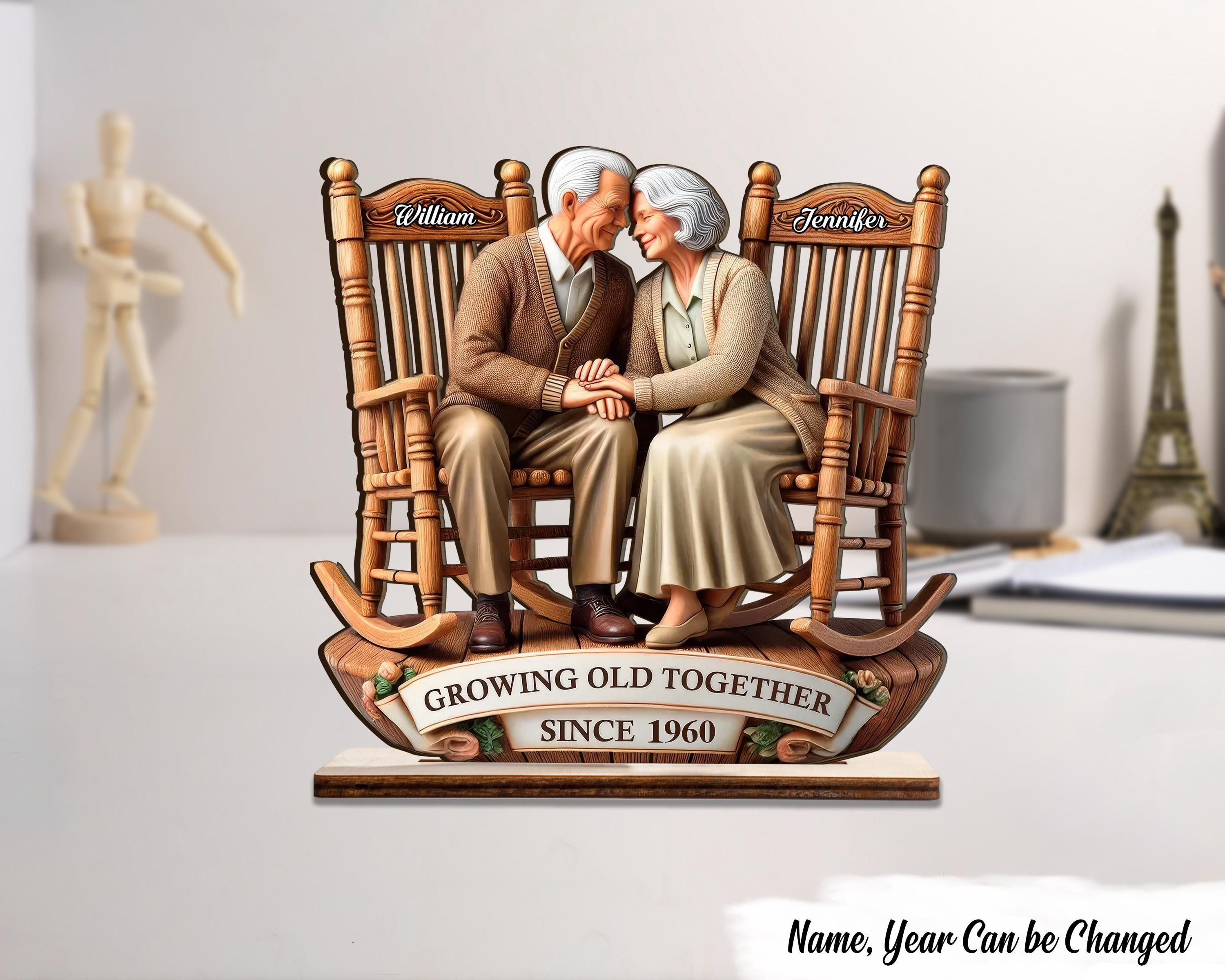 3D Effect Old Couple Sitting on Rocking Chairs Together