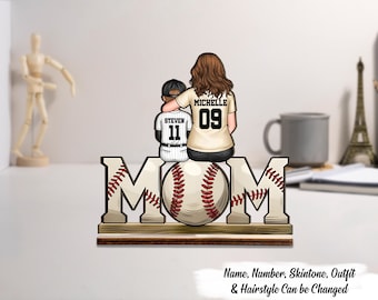 Baseball, Softball Mom And Kids Personalized Standing Wooden Plaque, Mother&#39;s Day Gift For Wife, Gift For Mom,Baseball Lover,Baseball Player
