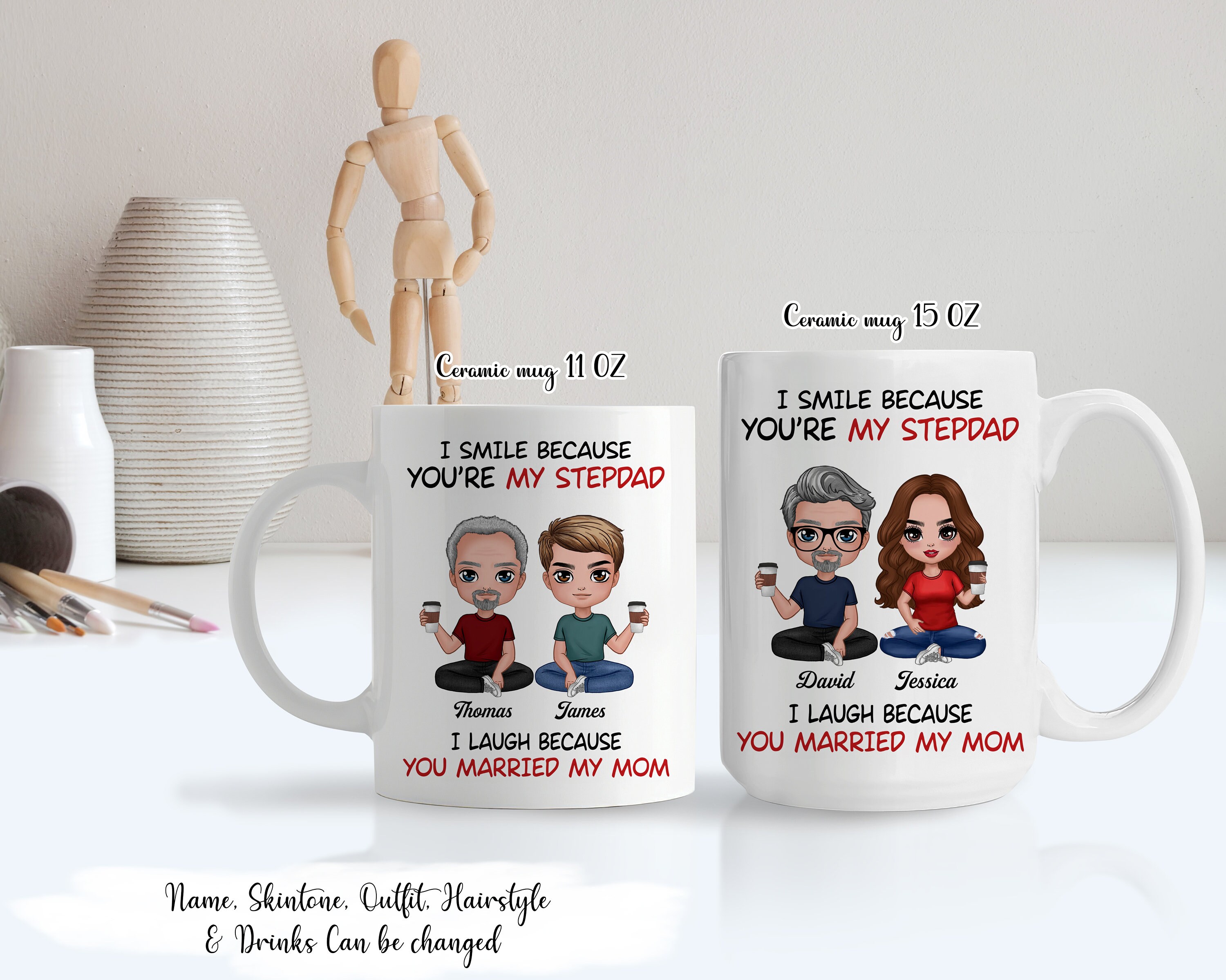 Ich lächle, weil du mein Stiefvater bist. Personalisierte Tasse – Vatertagstassen für Stiefvater – Tasse von Stieftochter/Stiefsohn – Geburtstagsgeschenke für Papa