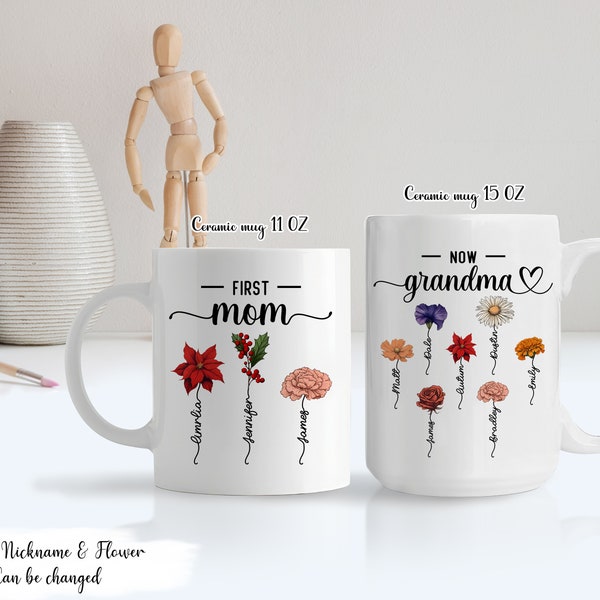 First Mom Now Grandma Birth Flower Personalized Mug, Custom Birth Flower Mug, Grandparent Mug Gift, Custom Grandkids Names, Wildflower Print