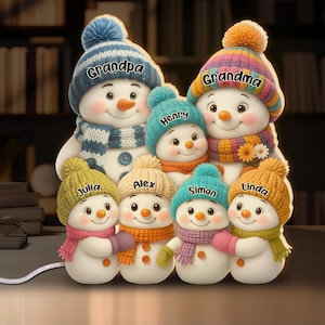 Snowman Grandma Grandpa and Grandkids Personalized Light Box, Christmas Gift for Grandparents, 3D Effect Light Box, Snowman Family Light Box