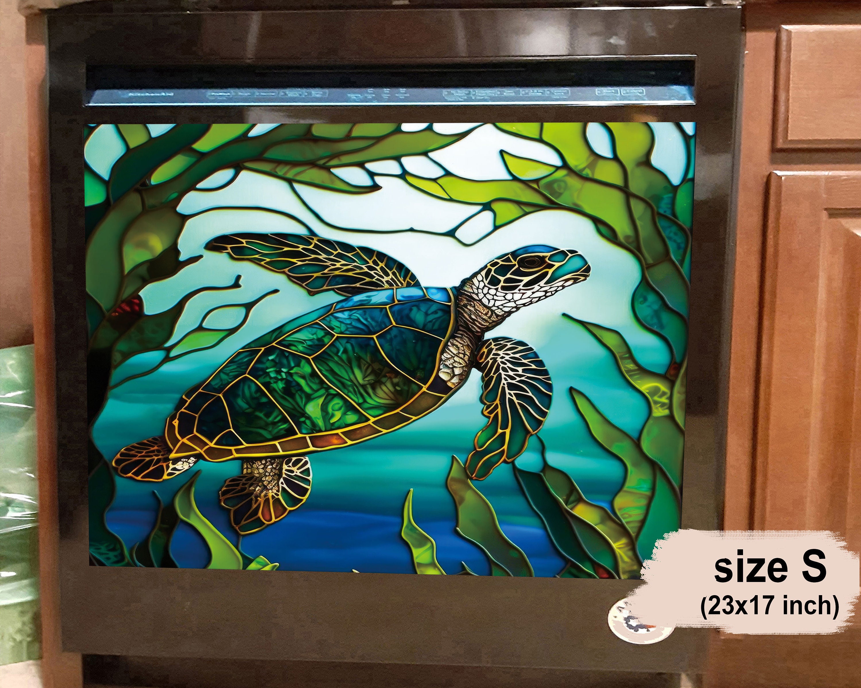 Sea Life Sea Turtle Stained Glass Dishwasher Cover, Kitchen Decor