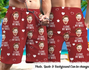 Foto personalizada divertida "Amo a mi esposa, novia, amante" - Regalo para esposo, novio, pantalones cortos de playa unisex personalizados, bañador para hombres