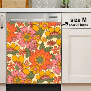 Ręcznie rysowane Groovy Floral Retro Flowers Kitchen Dishwasher Cover, zmywarka magnetyczna Cover, naklejka, prezenty na parapetówkę, wystrój kuchni