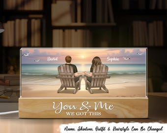 Realistic Beach Landscape Couple Sitting Personalized Acrylic Block LED Night Light - Valentine&#39;s Day, Wedding Anniversary, Gift For Couples