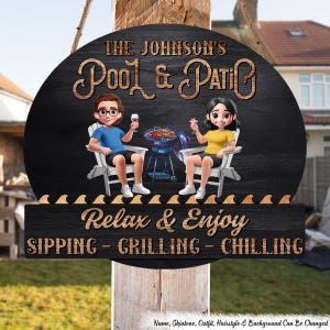 May include: A black wooden sign with a white circle in the center. The circle has the text "THE JOHNSON'S Pool & Patio" in a white font. Below the circle is a black rectangle with the text "Relax & Enjoy SIPPING - GRILLING - CHILLING" in a white font. The sign is decorated with a cartoon image of two people grilling and relaxing.