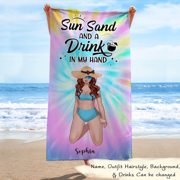 Sun Sand And A Drink In My Hand Custom Personalized Bikini Girl Beach Towel, Party Beach Towel, Vacation Beach Towel, Summer Beach Towel
