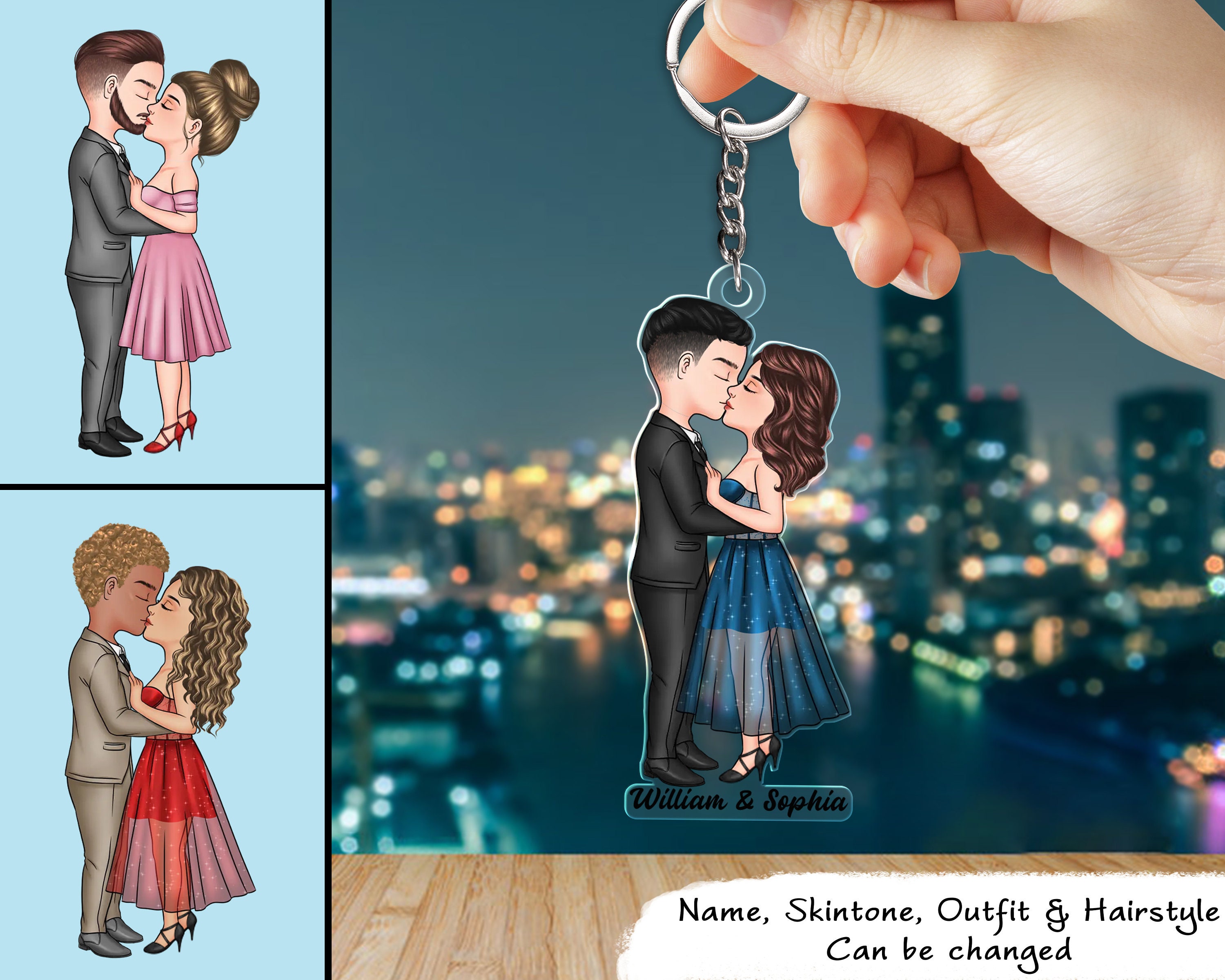 Chibi Kissing Couple - Personalizowany brelok z akrylu - Walentynki, prezent rocznicowy dla pary, żony, męża, chłopaka, dziewczyny