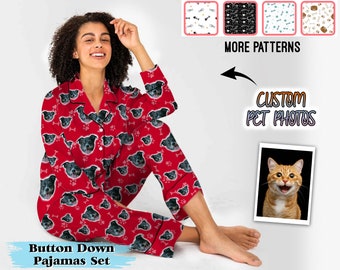 Custom Dog Cat Face Pajama set, personalized gifts for her, Cat Dog Lover Gifts, Pet Lovers PJs, gift Pajamas for Women, Mother in Law Gift