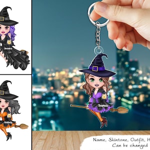 Witch On Magic Broom Personalized Acrylic Keychain Cool Halloween Gift, Witch Key Chain, Flying Witch Keychain, Broom Gift for Halloween