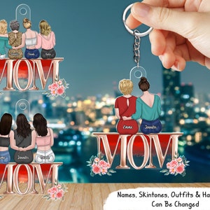 Mom And Daughters Sitting - Personalized Acrylic Keychain, Mum Gift, Custom Mum Mom Keyring Keychain, Mothers Day Gift,Birthday Gift for Mom