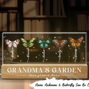 Mariposas de nacimiento del jardín de la abuela: luz LED rectangular personalizada, regalo del día de la madre, regalo para la abuela, regalo para mamá, luz LED de mariposa