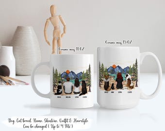 Couple Sitting You & Me And The Dogs Personalized Mug, Custom Couple Portrait With Pet, Anniversary Gift For Couple With Pet, Pet Family Mug