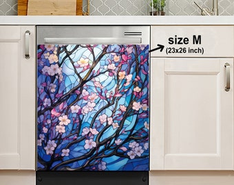 Cherry Blossom Stained Glass Dishwasher Cover, Dishwasher Magnet Cover, Sticker, Housewarming Gifts,Kitchen Decor,Gift For Mom From Daughter