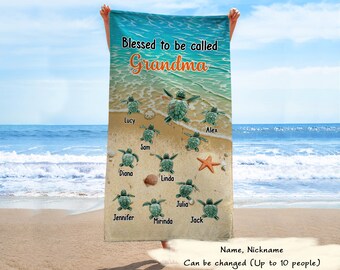 Grandma Mom Turtle Custom Nickname Names Mother&#39;s Day Gift Beach Towel, Nana Turtle Beach Towel, Personalized Baby Sea Turtle Beach Towel