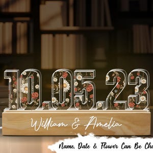 Couple Engagement Anniversary Date Custom Flower Printed LED Night Light,Valentine&#39;s Day Gift for her,Romantic Home Bedroom Decor For Couple