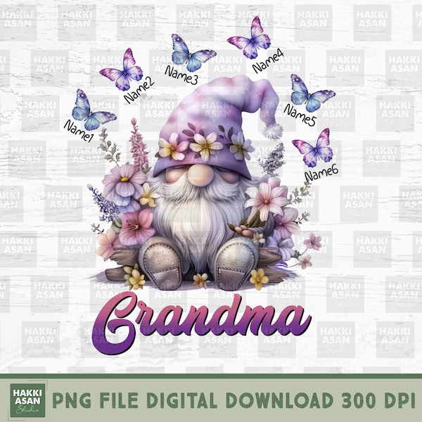 Grandma Gnome With Purple Flowers And Butterflies Personalized PNG, Grandma Butterfly With Kids Name Png,Flowers Gnome Png,Gnome Grandma Png