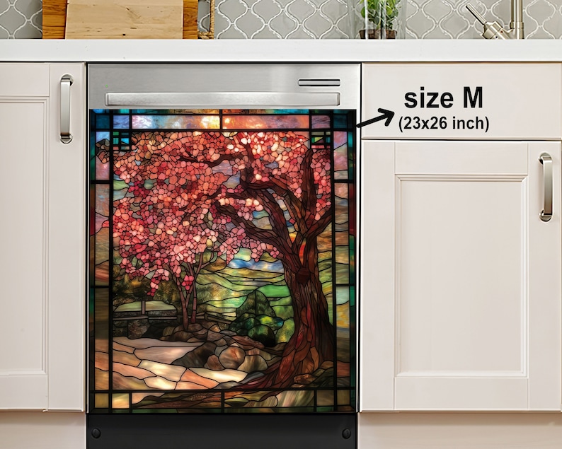 Stained Glass Weeping Cherry Tree Dishwasher Cover, Dishwasher Magnet Cover, Sticker, Housewarming Gifts, Kitchen Decor, Gift For Mom image 1