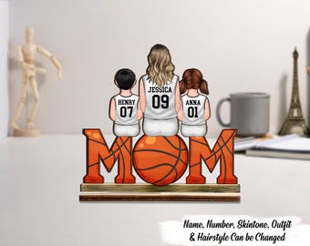 Basketball Mom And Kids Personalized Standing Wooden Plaque, Mother&#39;s Day Gift for Mom, Gift for Wife, Basketball Lover, Basketball Player