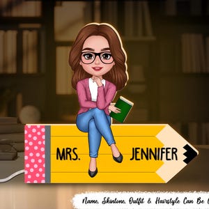 Teacher Sitting On Pencil Personalized Light Box, Teacher Appreciation Gift,Back To School Gift,Custom Cartoon Pencil Name Lamp,Teacher Gift