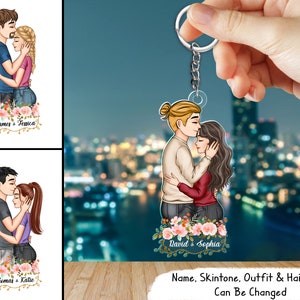 キスする額のロマンチックなカップルのパーソナライズされたアクリルキーチェーン - バレンタインデー、記念日、夫/妻/ボーイフレンド/ガールフレンドへのギフト