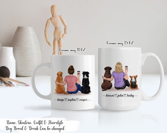 Pet Owner Portrait, Custom Dog Mom Cup Back View Woman and Dogs Personalized Mug Mother‘s Day Gift For Her - Anniversary Gift For Dog Lovers