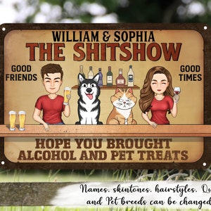 Hope You Brought Cartoon Couple And Dog Cat - Housewarming Gift, Backyard Sign, Patio Decor For Pet Lover - Personalized Classic Metal Signs